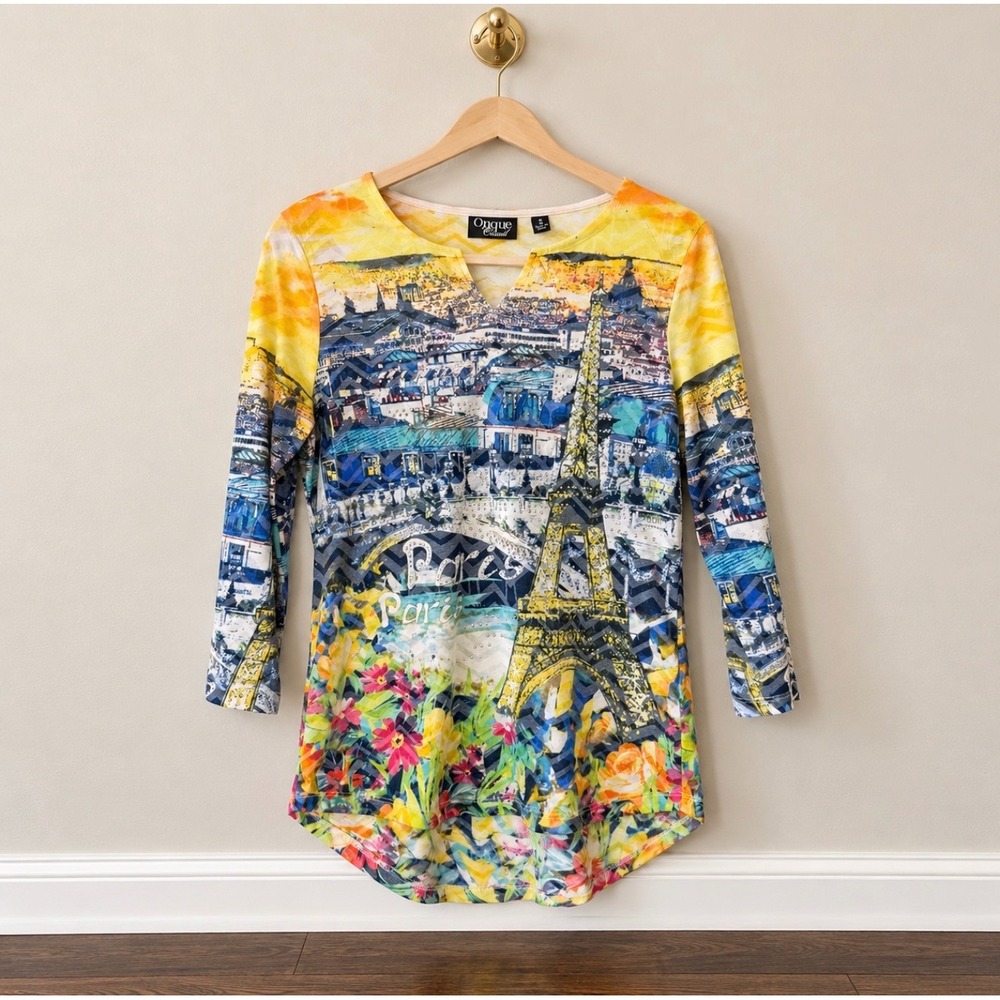 Onque Casual Paris Eiffel Tower Rhinestone Embellished Top Small Cityscape Print